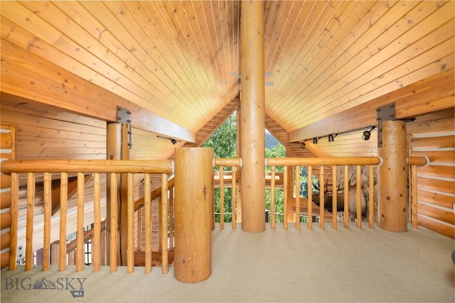 11540 Taiga Trl, Bozeman, MT 59715 - misc room featuring wood ceiling, carpet floors, rustic walls, and vaulted ceiling