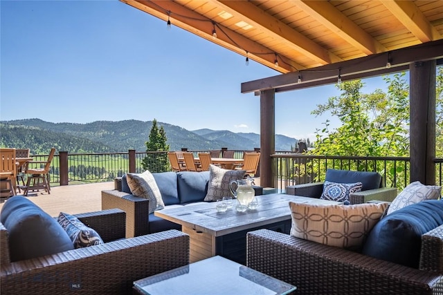 11540 Taiga Trl, Bozeman, MT 59715 - view of patio / terrace with outdoor lounge area, a deck with mountain view, and outdoor dining area