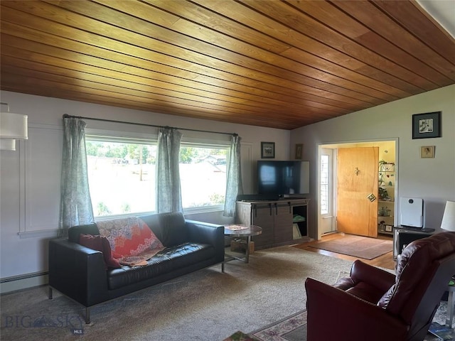 1914 Haggin, Anaconda, MT 59711 - carpeted living area with wooden ceiling, vaulted ceiling, and a baseboard radiator