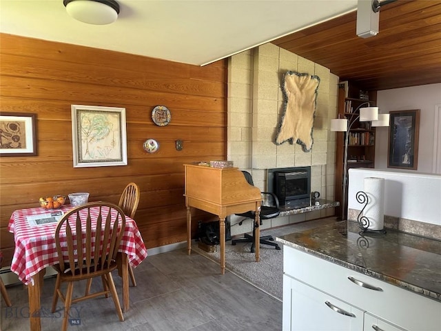 1914 Haggin, Anaconda, MT 59711 - dining room featuring wooden ceiling, a fireplace, wood walls, and wood finished floors