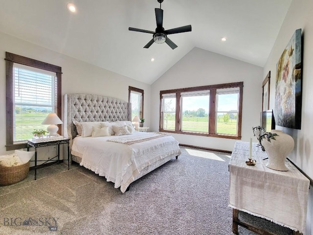 243 Tinkers Ln, Bozeman, MT 59718 - carpeted bedroom with vaulted ceiling, recessed lighting, and a ceiling fan