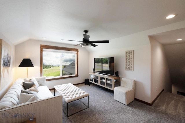 243 Tinkers Ln, Bozeman, MT 59718 - living area featuring lofted ceiling, carpet flooring, a ceiling fan, and recessed lighting