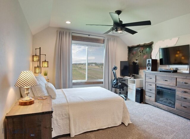 243 Tinkers Ln, Bozeman, MT 59718 - bedroom with vaulted ceiling, carpet flooring, a desk, ceiling fan, and recessed lighting