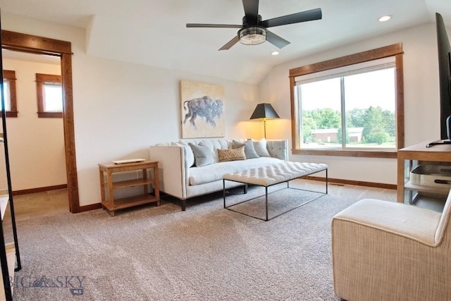 243 Tinkers Ln, Bozeman, MT 59718 - carpeted living area with a ceiling fan, recessed lighting, healthy amount of natural light, and vaulted ceiling