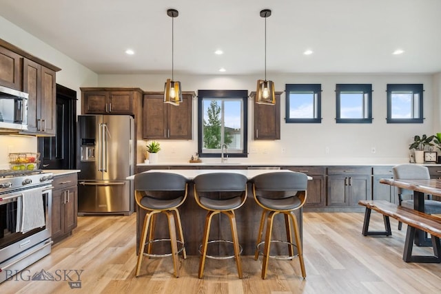 1484 Stewart Loop, Bozeman, MT 59718 - kitchen featuring stainless steel appliances, a kitchen island, dark brown cabinets, light wood finished floors, and recessed lighting