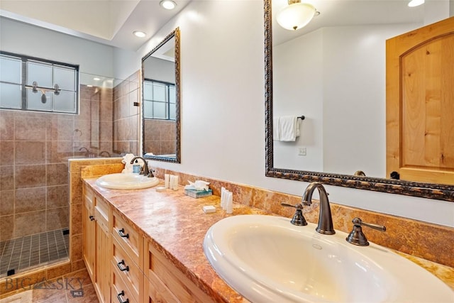 99 Pheasant Tail Ln Unit 1, Big Sky, MT 59716 - bathroom featuring a walk in shower, recessed lighting, double vanity, and tile patterned floors