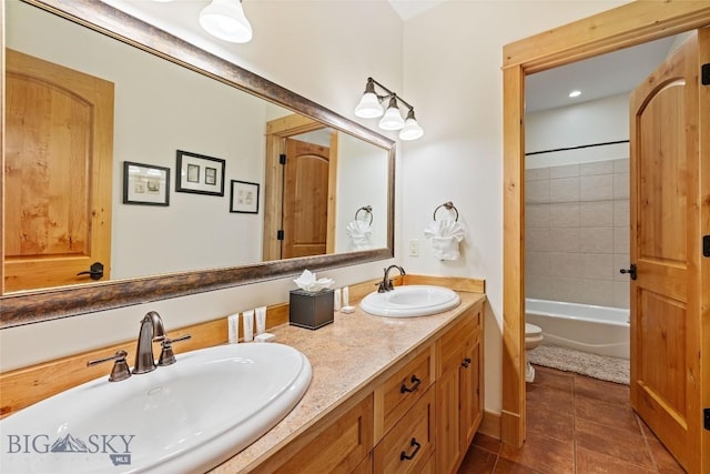 99 Pheasant Tail Ln Unit 1, Big Sky, MT 59716 - bathroom with double vanity, tile patterned floors, and bathing tub / shower combination