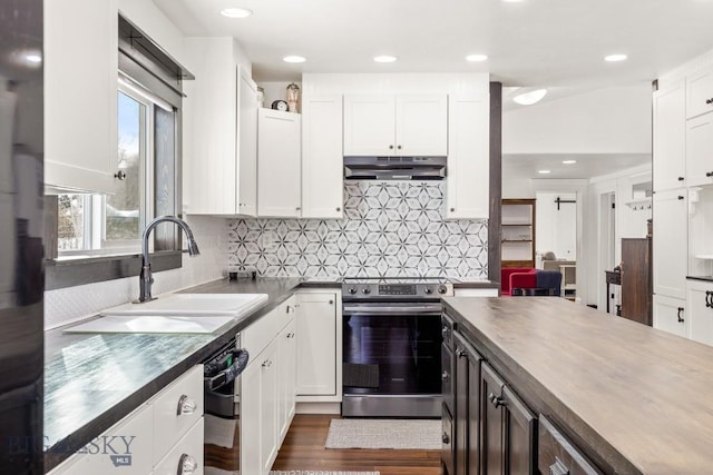 12977 Cottonwood Rd, Bozeman, MT 59718 - kitchen featuring stainless steel electric stove, under cabinet range hood, white cabinets, tasteful backsplash, and butcher block countertops