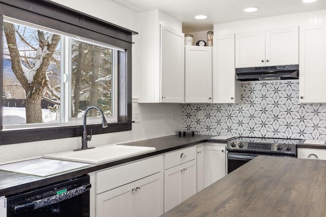 12977 Cottonwood Rd, Bozeman, MT 59718 - kitchen featuring under cabinet range hood, electric stove, dishwasher, white cabinetry, and tasteful backsplash
