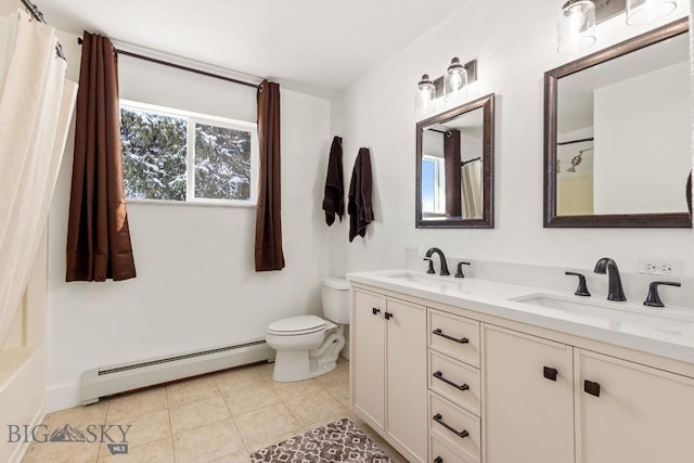 12977 Cottonwood Rd, Bozeman, MT 59718 - full bathroom featuring a baseboard heating unit, double vanity, tile patterned flooring, and a shower with shower curtain