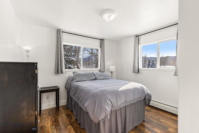 12977 Cottonwood Rd, Bozeman, MT 59718 - bedroom with a baseboard heating unit and dark wood finished floors