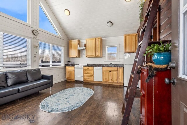 12977 Cottonwood Rd, Bozeman, MT 59718 - kitchen featuring white appliances, dark countertops, dark wood-style flooring, vaulted ceiling, and extractor fan