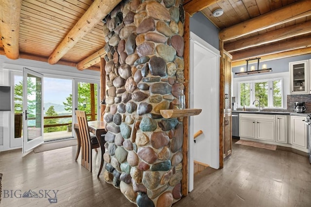 185 Peak, Bozeman, MT 59715 - detailed view of a wooden ceiling with exposed beams, wood finished floors, and decorative backsplash