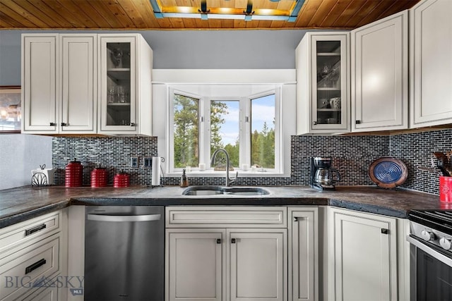 185 Peak, Bozeman, MT 59715 - kitchen with stainless steel appliances, wooden ceiling, white cabinets, backsplash, and dark countertops