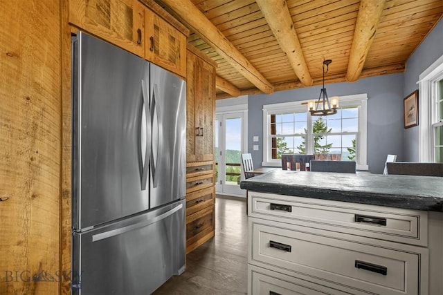 185 Peak, Bozeman, MT 59715 - kitchen featuring freestanding refrigerator, a wooden ceiling with exposed beams, a chandelier, dark wood-type flooring, and dark countertops