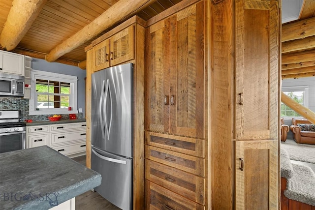 185 Peak, Bozeman, MT 59715 - kitchen with stainless steel appliances, a wooden ceiling with exposed beams, white cabinets, plenty of natural light, and decorative backsplash