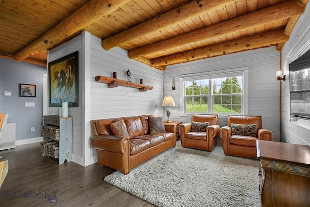 185 Peak, Bozeman, MT 59715 - living area featuring a wooden ceiling with exposed beams, wood finished floors, and wood walls