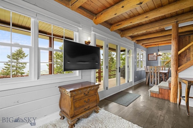 185 Peak, Bozeman, MT 59715 - sunroom with french doors, beam ceiling, and a chandelier