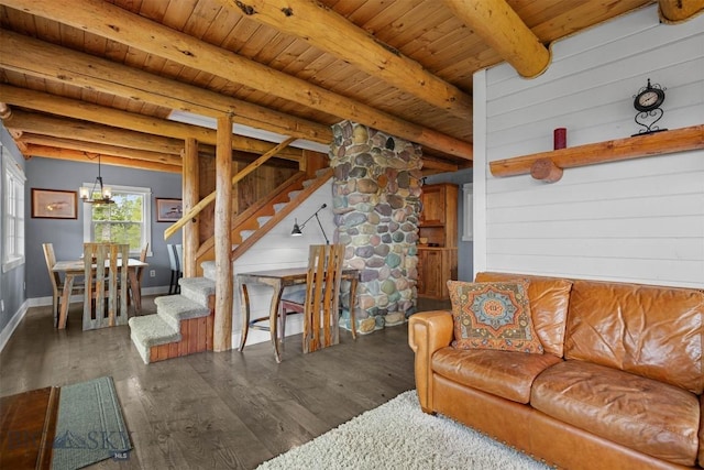 185 Peak, Bozeman, MT 59715 - living room with a wood ceiling with exposed beams, stairs, wood finished floors, and a chandelier