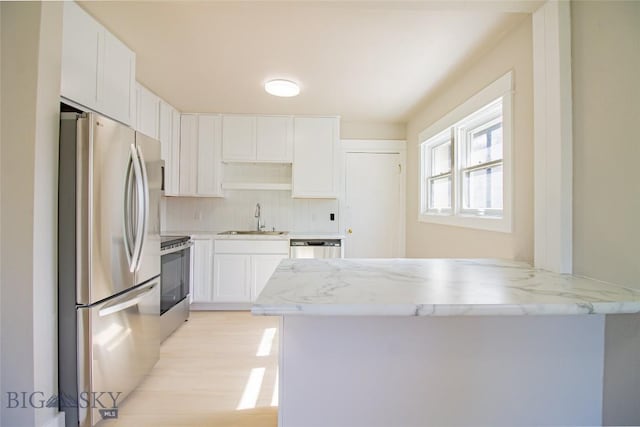 1940 Locust, Butte, MT 59701 - kitchen featuring stainless steel appliances, a peninsula, white cabinets, tasteful backsplash, and light stone countertops