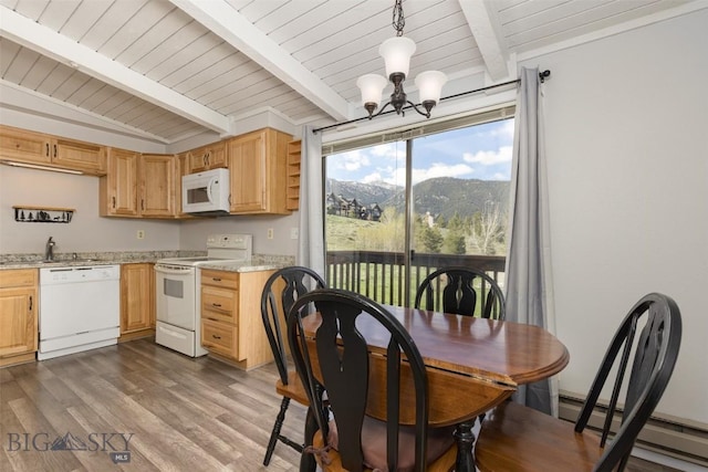 139 Spruce Cone Dr Unit 14, Big Sky, MT 59716 - dining space featuring a chandelier, wooden ceiling, dark wood-style floors, a baseboard radiator, and a mountain view