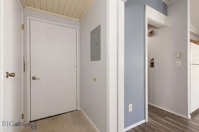 139 Spruce Cone Dr Unit 14, Big Sky, MT 59716 - corridor with electric panel, wood finished floors, and wooden ceiling