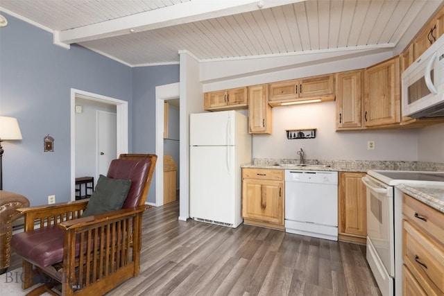 139 Spruce Cone Dr Unit 14, Big Sky, MT 59716 - kitchen with white appliances, dark wood-style flooring, a wood ceiling with exposed beams, and light stone countertops
