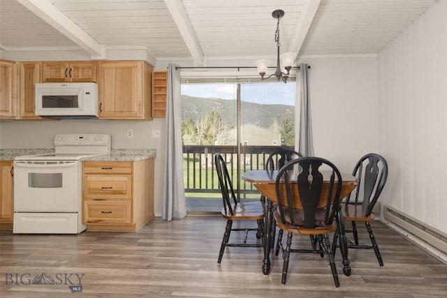 139 Spruce Cone Dr Unit 14, Big Sky, MT 59716 - dining space featuring a chandelier, wood finished floors, a wood ceiling with exposed beams, a baseboard heating unit, and a mountain view