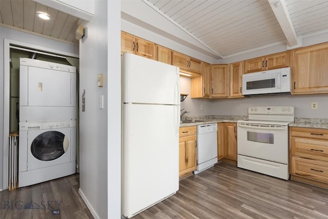 139 Spruce Cone Dr Unit 14, Big Sky, MT 59716 - kitchen featuring white appliances, stacked washing machine and dryer, wood ceiling, dark wood-type flooring, and light brown cabinets