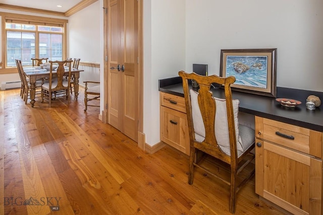 2500 Little Coyote Rd Unit 34, Big Sky, MT 59716 - office featuring built in study area, light wood-type flooring, ornamental molding, and baseboard heating