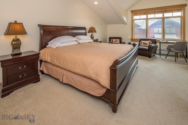 2500 Little Coyote Rd Unit 34, Big Sky, MT 59716 - bedroom featuring light carpet, vaulted ceiling, and recessed lighting