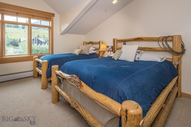 2500 Little Coyote Rd Unit 34, Big Sky, MT 59716 - bedroom with lofted ceiling, carpet flooring, a baseboard radiator, and recessed lighting