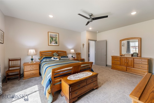 1308 Scooter Ln, Belgrade, MT 59714 - bedroom with light colored carpet, recessed lighting, and a ceiling fan