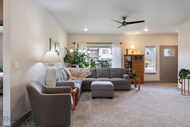 1308 Scooter Ln, Belgrade, MT 59714 - living area featuring a ceiling fan, recessed lighting, and carpet flooring