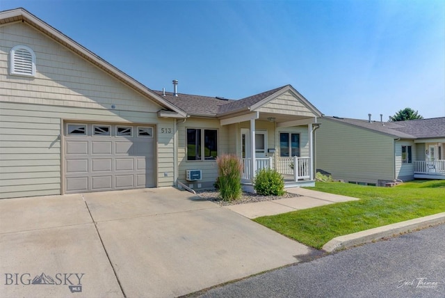513 Burnham Pl, Helena, MT 59601 - ranch-style home featuring concrete driveway, a porch, a front lawn, an attached garage, and roof with shingles