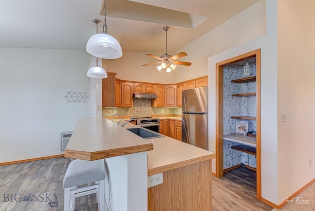 513 Burnham Pl, Helena, MT 59601 - kitchen with stainless steel appliances, a peninsula, under cabinet range hood, light wood-style flooring, and lofted ceiling