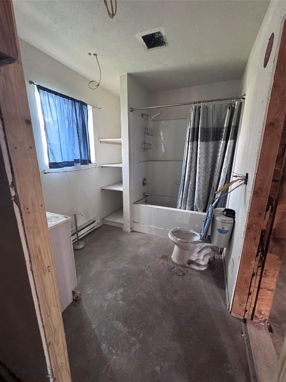 422 S Colorado, Butte, MT 59701 - bathroom featuring a baseboard radiator, shower / bath combination with curtain, concrete floors, and vanity
