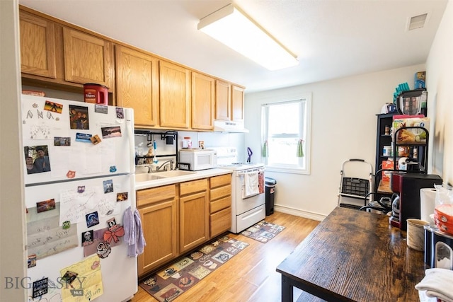 721 W Park Ave, Anaconda, MT 59711 - kitchen featuring white appliances, under cabinet range hood, and light wood finished floors