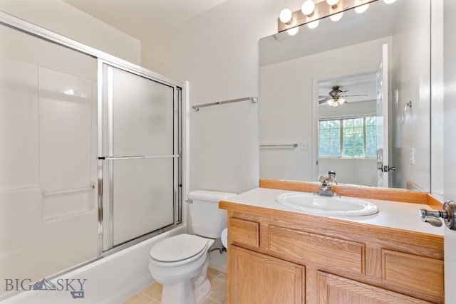 605 Prairie Ave, Bozeman, MT 59718 - bathroom featuring vanity, shower / bath combination with glass door, a ceiling fan, and tile patterned floors