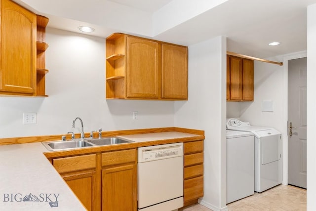 605 Prairie Ave, Bozeman, MT 59718 - kitchen with dishwasher, open shelves, washing machine and clothes dryer, light countertops, and recessed lighting