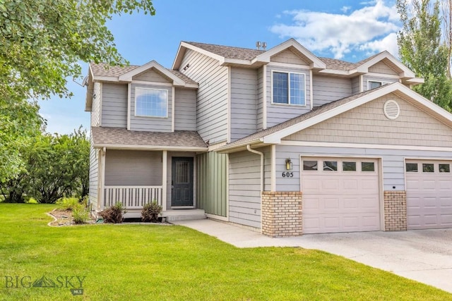 605 Prairie Ave, Bozeman, MT 59718 - view of front of property with driveway, an attached garage, a front lawn, a shingled roof, and a porch