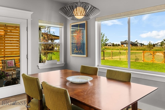 85 Riparian Way, Bozeman, MT 59718 - dining space with healthy amount of natural light, a chandelier, and wood finished floors