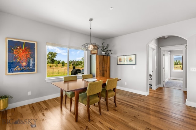 85 Riparian Way, Bozeman, MT 59718 - dining room featuring arched walkways, wood finished floors, and a chandelier