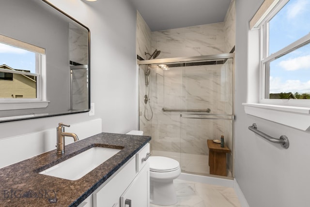 85 Riparian Way, Bozeman, MT 59718 - full bathroom featuring marble finish floors, a marble finish shower, and vanity