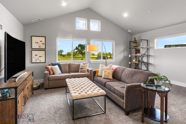 85 Riparian Way, Bozeman, MT 59718 - carpeted living area featuring vaulted ceiling and recessed lighting
