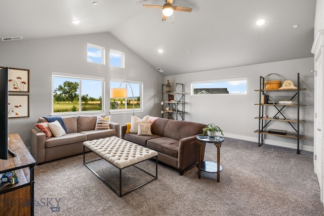 85 Riparian Way, Bozeman, MT 59718 - carpeted living area with a ceiling fan, vaulted ceiling, healthy amount of natural light, and recessed lighting