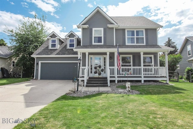 717 N Aster Ave, Bozeman, MT 59718 - view of front of property with covered porch, concrete driveway, a front yard, an attached garage, and roof with shingles