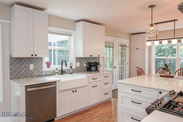 717 N Aster Ave, Bozeman, MT 59718 - kitchen featuring dishwasher, light wood-style floors, decorative backsplash, and white cabinetry