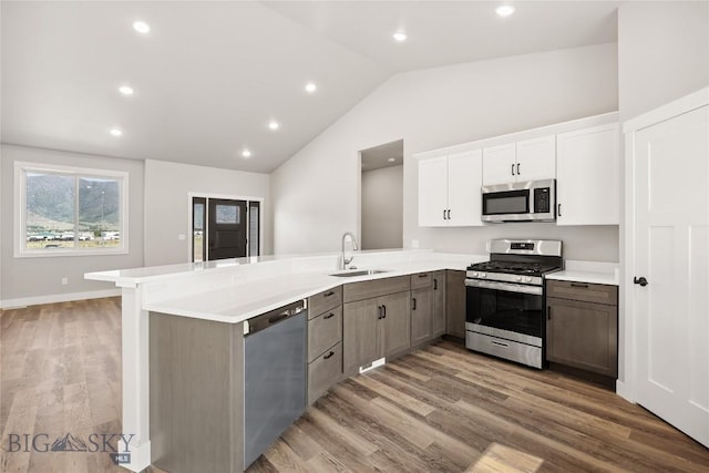 3815 S Arizona, Butte, MT 59701 - kitchen with appliances with stainless steel finishes, a peninsula, light countertops, wood finished floors, and lofted ceiling