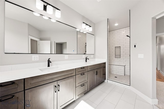 3815 S Arizona, Butte, MT 59701 - bathroom with double vanity, a tile shower, and tile patterned flooring